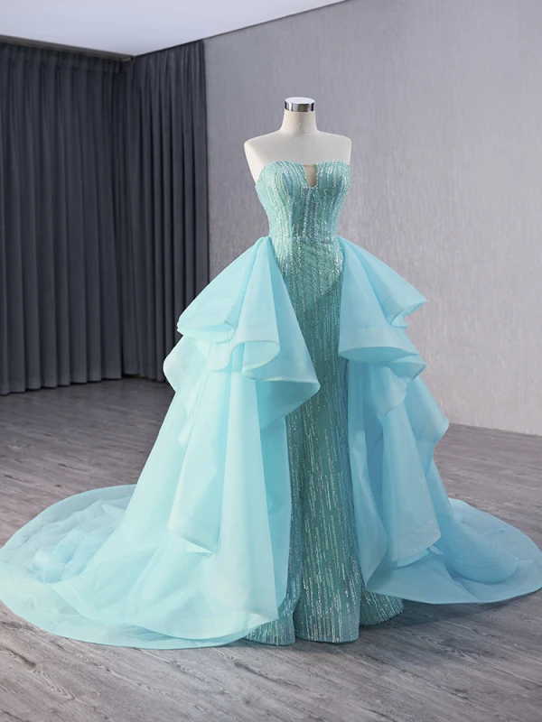 Haut de Gamme Bleu Fait main Perlage Paillettes Robe De Soirée 2024 Trompette / Sirène Bustier Sans Manches Dos Nu Tribunal Train Soirée Robe De Ceremonie