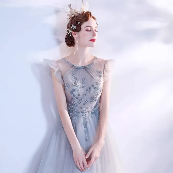 Chic / Beautiful Sky Blue Beading Pearl Rhinestone Prom Dresses 2023 A-Line / Princess Scoop Neck Bow Sleeveless Backless Floor-Length / Long Prom Formal Dresses