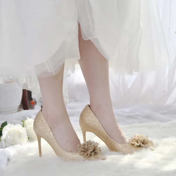 Sparkly Gold Beading Flower Sequins Wedding Shoes 2022 Leather 10 cm Stiletto Heels Pointed Toe Wedding Pumps High Heels