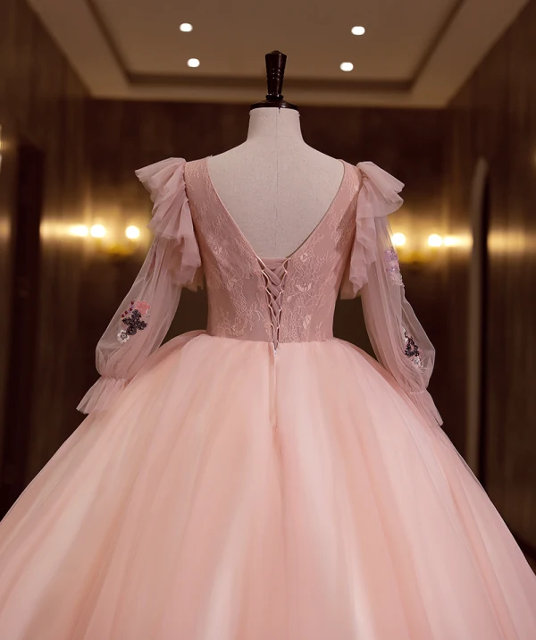 Élégant Rougissant Rose Perlage Paillettes En Dentelle Fleur Robe De Bal 2022 Robe Boule Encolure Dégagée Manches Longues Dos Nu Longue Robe De Ceremonie