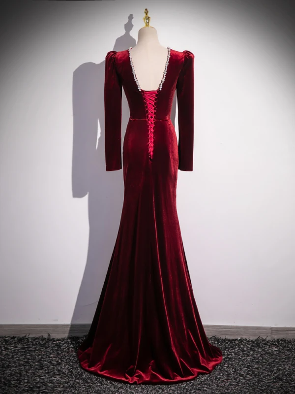 Vintage / Retro Burgundy Beading Velvet Evening Dresses 2024 Trumpet / Mermaid V-Neck Long Sleeve Backless Floor-Length / Long Evening Party Formal Dresses