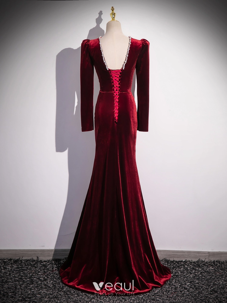V Neck Trumpet Mermaid Backless Long Sleeve Velvet Prom Dress