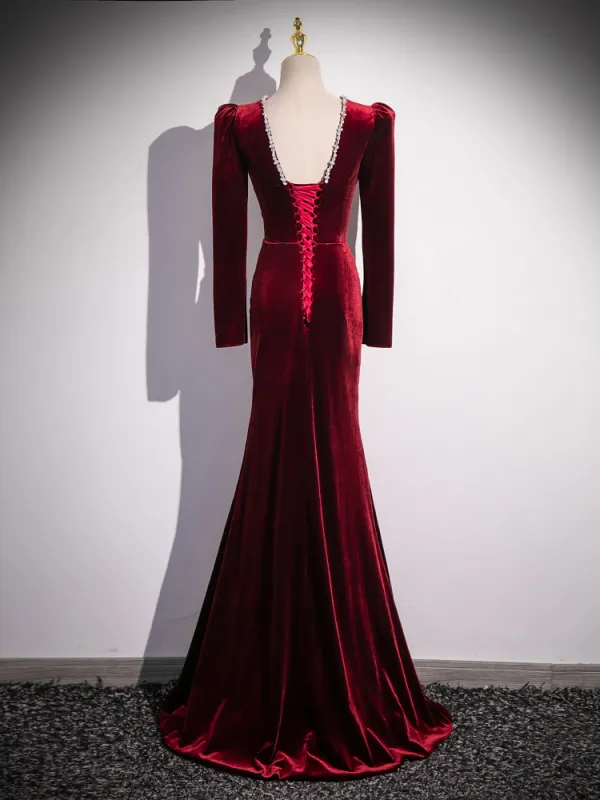 V Neck Trumpet Mermaid Backless Long Sleeve Velvet Prom Dress