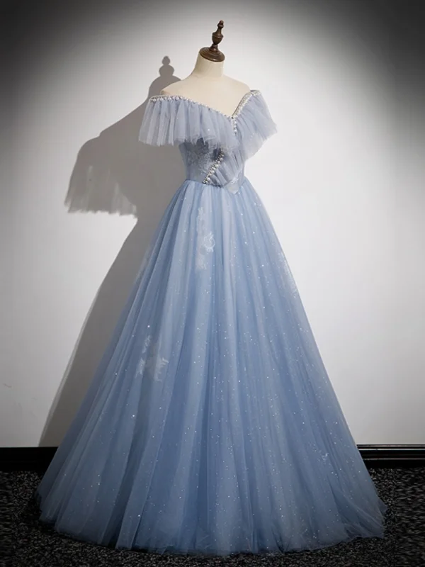 Charming Sky Blue Sequins Prom Dresses 2023 A-Line / Princess Pearl Rhinestone Off-The-Shoulder Sleeveless Backless Floor-Length / Long Prom Formal Dresses