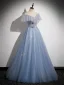 Charming Sky Blue Sequins Prom Dresses 2023 A-Line / Princess Pearl Rhinestone Off-The-Shoulder Sleeveless Backless Floor-Length / Long Prom Formal Dresses