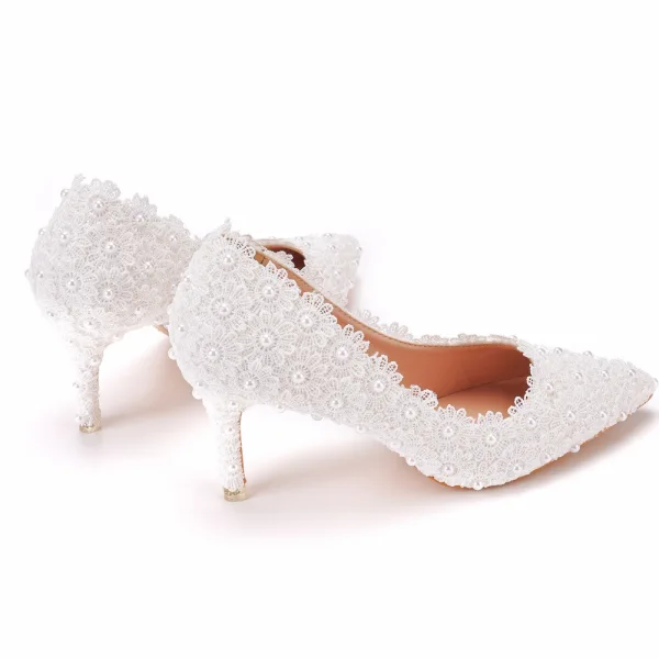Chic / Beautiful White Pearl Lace Flower Wedding Shoes 2022 7 cm Stiletto Heels Pointed Toe Wedding Pumps High Heels