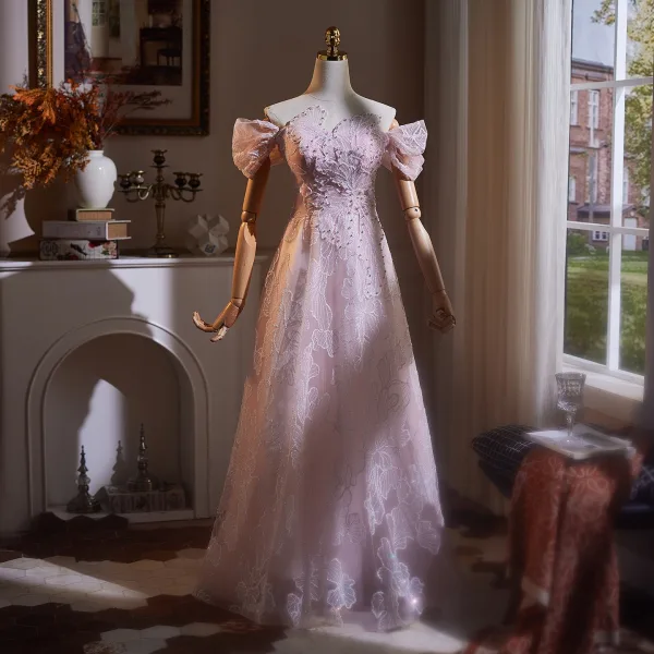 Uroczy Rumieniąc Różowy Frezowanie Perła Rhinestone Sukienki Na Bal 2026 Princessa Przy Ramieniu Kótkie Rękawy Bez Pleców
