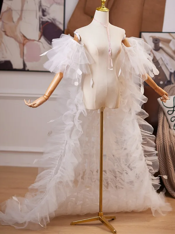 Charming White Cascading Ruffles Wedding Short Sleeve shawl 2025 Tulle