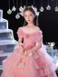 Lovely Blushing Pink Cascading Ruffles Appliques Birthday Flower Girl Dresses 2024 Ball Gown Scoop Neck Short Sleeve Floor-Length / Long