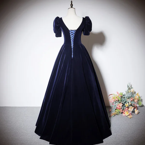 Elegant Navy Blue Suede Evening Dresses 2023 A-Line / Princess Square Neckline Short Sleeve Backless Floor-Length / Long Evening Party Formal Dresses
