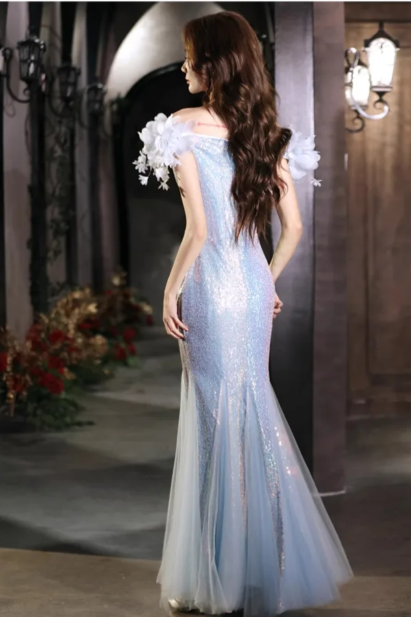 Scintillantes Bleu Ciel Perlage Appliques Paillettes Robe De Bal 2024 Trompette / Sirène De l'épaule Manches Courtes Dos Nu Longue Promo Robe De Ceremonie
