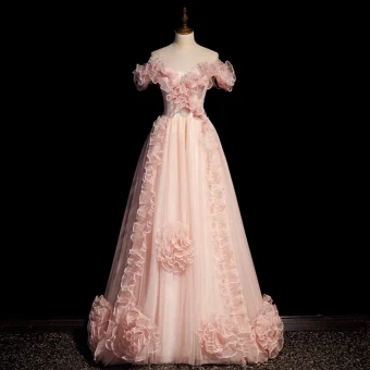 Chic Perle Rose Perle Paillettes Robe De Bal 2022 Princesse De L Épaule Volants Fleur Manches Courtes Dos Nu Longue Promo Robe De Ceremonie