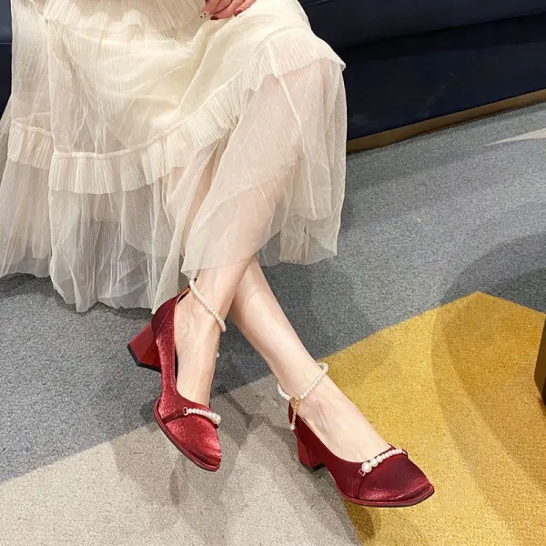 Vintage / Retro Beige Street Wear Satin Pumps 2022 Pearl Ankle Strap 5 cm Thick Heels Square Toe Pumps High Heels