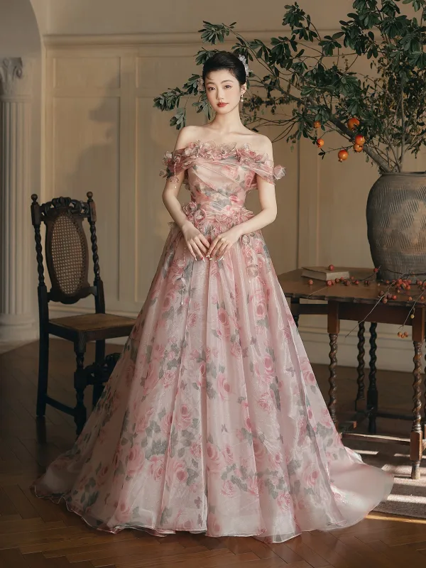 Flower Fairy Blushing Pink Appliques Printing A-Line / Princess Prom Dresses 2025 Off-The-Shoulder Sleeveless Backless Floor-Length / Long Prom Formal Dresses