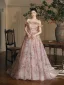 Flower Fairy Blushing Pink Appliques Printing A-Line / Princess Prom Dresses 2025 Off-The-Shoulder Sleeveless Backless Floor-Length / Long Prom Formal Dresses