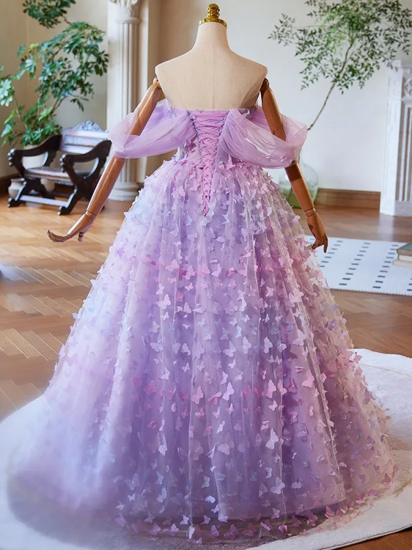 Glamorous Lilac Butterfly Prom Dresses 2024 Crossed Straps Tulle Sweet 16 A-Line / Princess Short Sleeve Floor-Length / Long Off-The-Shoulder Formal Dresses