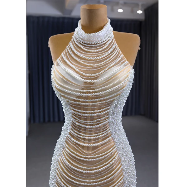 Luxus / Herrlich Sexy Weiß Handgefertigt Perlenstickerei Perle Ballkleider 2023 Meerjungfrau Neckholder Ärmellos Rückenfreies Hof-Schleppe Festliche Kleider