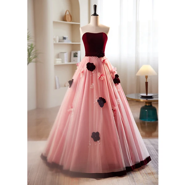 Chic / Beautiful Burgundy Pearl Appliques Prom Dresses 2023 A-Line / Princess Strapless Short Sleeve Backless Floor-Length / Long Prom Formal Dresses