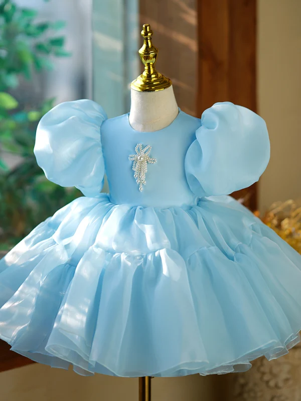 Chic / Beautiful Sky Blue Birthday Pearl Short Flower Girl Dresses 2023 Ball Gown Scoop Neck Puffy Short Sleeve Bow