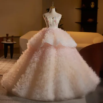 Chic Dégradé De Couleur Rougissant Rose Perlage Paillettes Appliques Volants En Cascade Robe De Mariée 2025 Robe Boule Bustier Sans Manches Dos Nu Longue Mariage