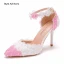 Elegant Blushing Pink Pearl Lace Flower Wedding Shoes 2023 Ankle Strap 9 cm Stiletto Heels Pointed Toe Wedding High Heels