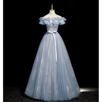 Chic Belle Bleu Ciel Perlage Paillettes Appliques Robe De Bal 2023 Princesse De L Épaule Noeud Ceinture Sans Manches Dos Nu Longue Promo Robe De Ceremonie