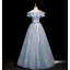 Chic / Belle Bleu Ciel Perlage Paillettes Appliques Robe De Bal 2023 Princesse De l'épaule Noeud Ceinture Sans Manches Dos Nu Longue Promo Robe De Ceremonie