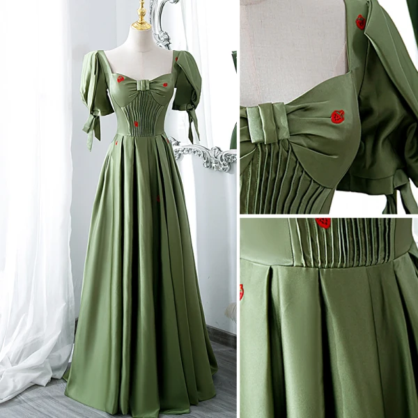 Vintage / Retro Olive Green Strawberry Satin Prom Dresses 2022 A-Line / Princess Square Neckline Bow Short Sleeve Backless Floor-Length / Long Prom Formal Dresses
