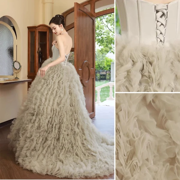 Charming Sage Green Pleated Evening Dresses 2023 A-Line / Princess Strapless Sleeveless Backless Sweep Train Evening Party Formal Dresses