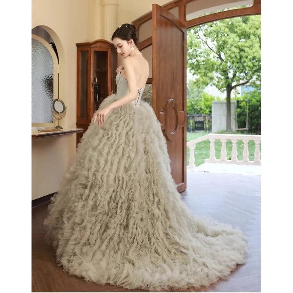 Charming Sage Green Pleated Evening Dresses 2023 A-Line / Princess Strapless Sleeveless Backless Sweep Train Evening Party Formal Dresses