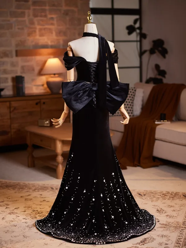 Sexy Black Sequins Velvet Evening Dresses 2026 Trumpet / Mermaid Off-The-Shoulder Short Sleeve Backless Bow Floor-Length / Long Evening Party Formal Dresses