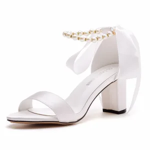 Elegant White Pearl Ankle Strap Bow Wedding Shoes 2023 7 Cm Thick Heels Open Peep Toe Wedding Sandals