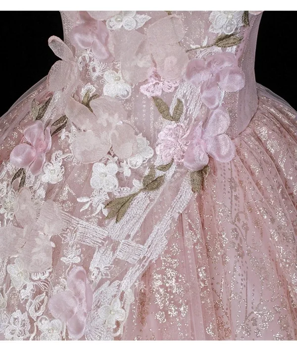 Blumenfee Rosa Perlenstickerei Pailletten Spitze Blumen Applikationen Ballkleider 2026 Ballkleid Eckiger Ausschnitt Rückenfreies Kurze Ärmel