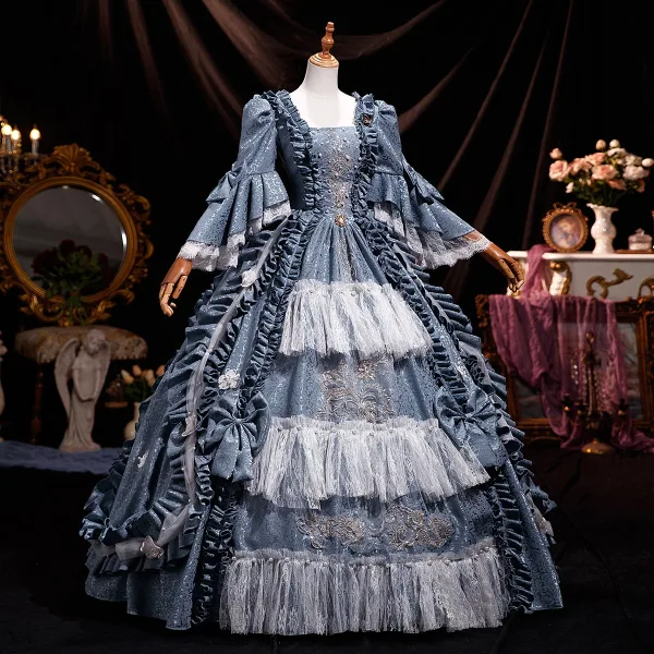 Medieval Vintage / Retro Olive Green Lace Flower Bow Prom Dresses 2025 Ball Gown Square Neckline Bell sleeves Backless Floor-Length / Long Prom Formal Dresses