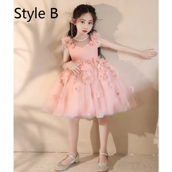 Chic / Beautiful Blushing Pink Appliques Birthday Flower Girl Dresses 2024 Ball Gown Square Neckline Sleeveless Floor-Length / Long