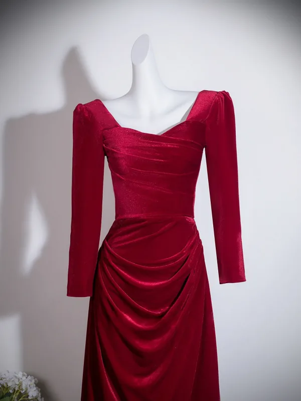 Modest / Simple Red Velvet Prom Dresses 2026 A-Line / Princess Square Neckline 3/4 Sleeve Backless Floor-Length / Long Formal Dresses