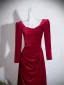 Modest / Simple Red Velvet Prom Dresses 2026 A-Line / Princess Square Neckline 3/4 Sleeve Backless Floor-Length / Long Formal Dresses