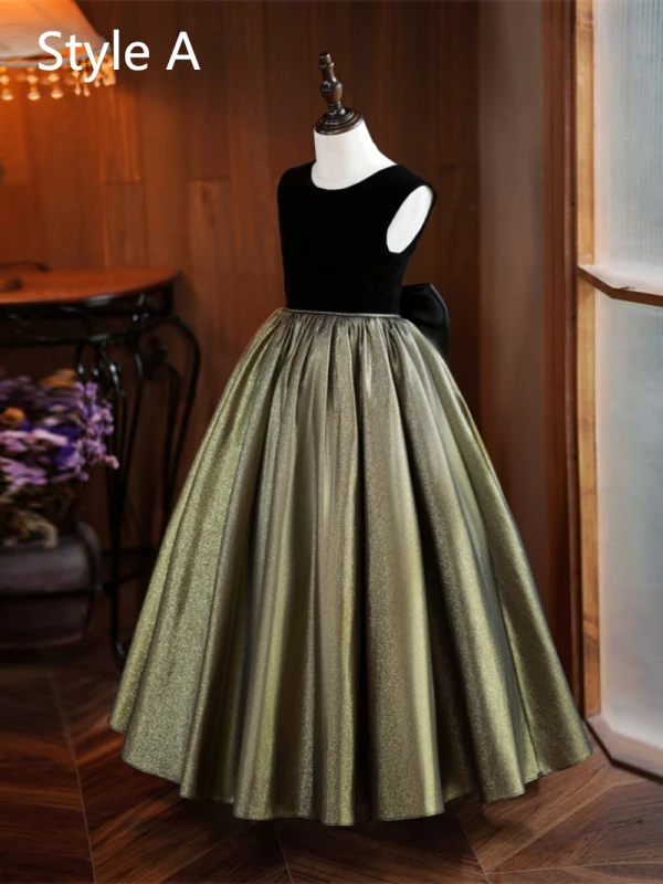 Chic / Beautiful Black Gold Birthday Flower Girl Dresses 2024 Ball Gown Scoop Neck Sleeveless Bow Floor-Length / Long