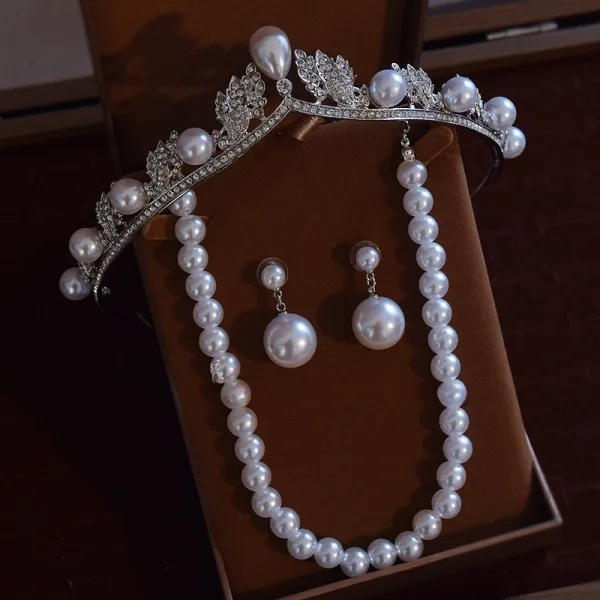 Fine Sølv Perle Rhinestone Legering Bryllup Armbånd Øredobber Tiara Har Tilbehor 2025