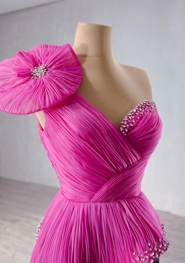 High-end Fuchsia Rhinestone Prom Dresses 2024 Trumpet / Mermaid One-Shoulder Appliques Sleeveless Backless Floor-Length / Long Prom Formal Dresses