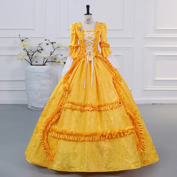 Vintage / Retro Medieval Champagne Lace Flower Ruffle Prom Dresses 2025 Ball Gown Square Neckline Bat Sleeve Backless Floor-Length / Long Formal Dresses