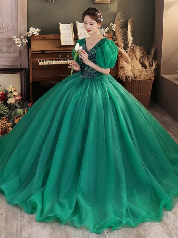 Vintage / Retro Dark Green Beading Glitter Prom Dresses 2024 Ball Gown V-Neck Puffy Short Sleeve Backless Floor-Length / Long Prom Formal Dresses