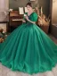 Vintage / Retro Dark Green Beading Glitter Prom Dresses 2024 Ball Gown V-Neck Puffy Short Sleeve Backless Floor-Length / Long Prom Formal Dresses