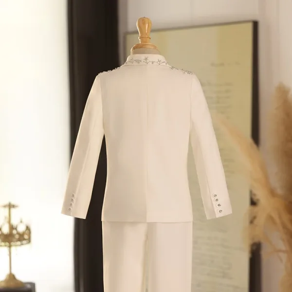 Blanche Faux Diamant Manches Longues 5 pièces Costume Garçon Mariage Mariage 2025 Manteau Pantalon Chemise Cravate Gilet