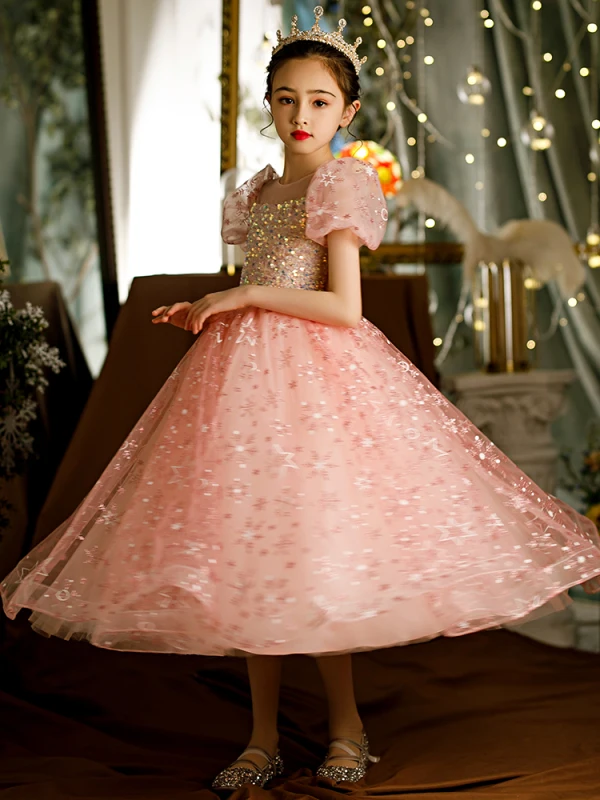 Chic / Beautiful Candy Pink Beading Star Sequins Flower Girl Dresses 2022 A-Line / Princess Scoop Neck Short Sleeve Floor-Length / Long Prom