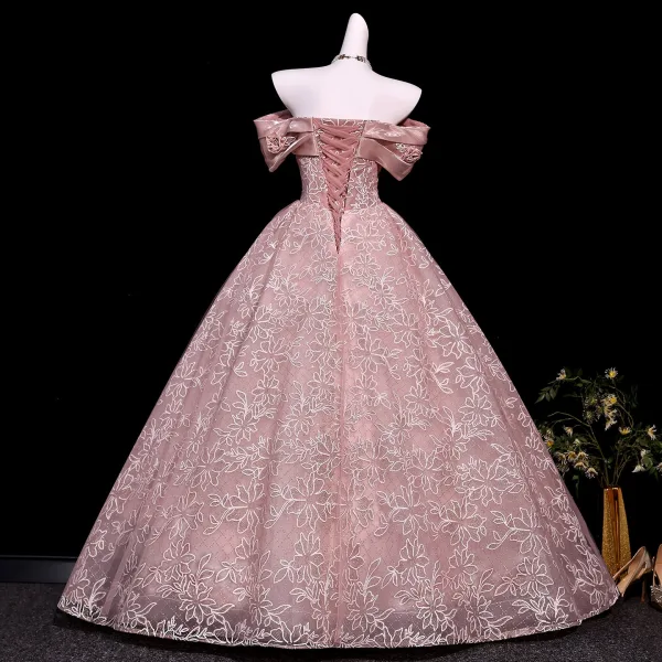 Traumhaft Rosa Applikationen Stickerei Ballkleider 2026 Ballkleid Off Shoulder Kurze Ärmel Rückenfreies Lange Festliche Kleider