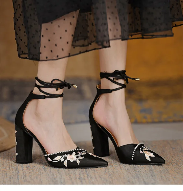 Élégant Ivoire Brodé Perle Promo Sandales Femme 2022 Bride Cheville 9 cm Talons Épais À Bout Pointu Talons Hauts