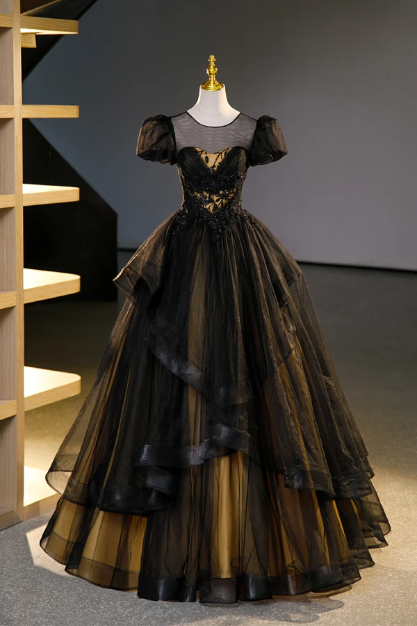 Vintage / Retro Black Beading Sequins Lace Flower Cascading Ruffles Prom Dresses 2023 Ball Gown Scoop Neck Puffy Short Sleeve Backless Floor-Length / Long Prom