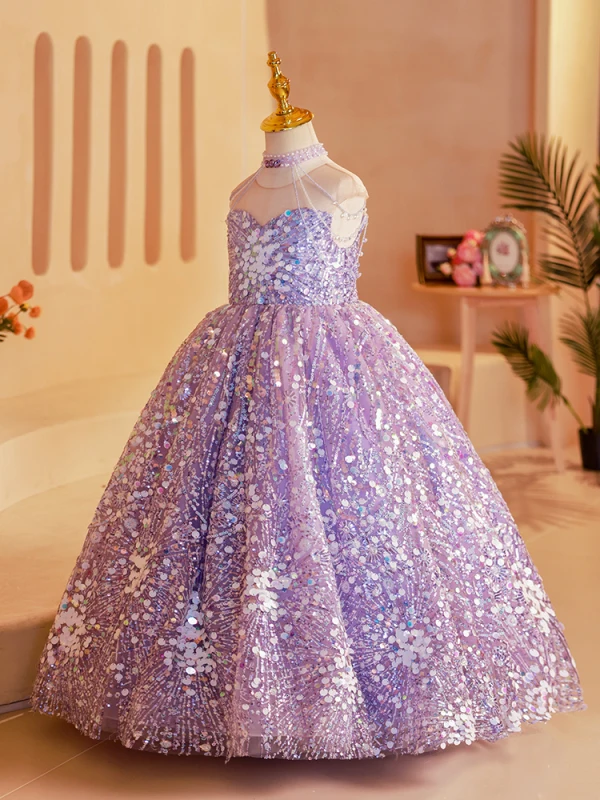 Sparkly Lavender Beading Sequins Rhinestone Birthday Flower Girl Dresses 2024 Ball Gown High Neck Sleeveless Backless Floor-Length / Long