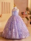 Sparkly Lavender Beading Sequins Rhinestone Birthday Flower Girl Dresses 2024 Ball Gown High Neck Sleeveless Backless Floor-Length / Long